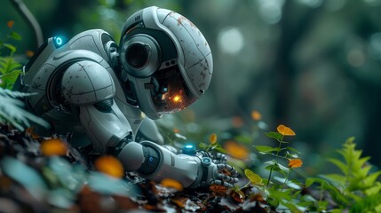 Fototapeta premium robot in the woods with a glowing eye