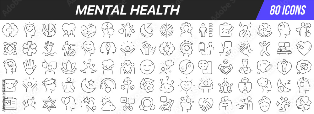 Poster mental health line icons collection. big ui icon set in a flat design. thin outline icons pack. vect