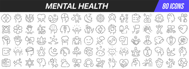 Mental health line icons collection. Big UI icon set in a flat design. Thin outline icons pack. Vector illustration EPS10