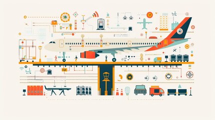 An infographic showing airport safety procedures with clear icons and bright colors, making it easy to understand, Flat Design, Colorful