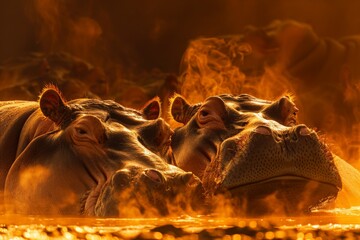Two hippopotamuses lounge in a muddy river during the golden hour. The warm light bathes the animals in a soft glow, creating a serene and tranquil scene.