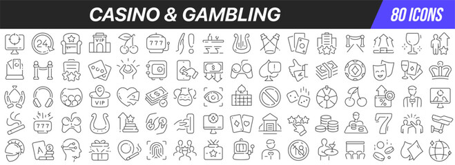 Casino and gambling line icons collection. Big UI icon set in a flat design. Thin outline icons pack. Vector illustration EPS10