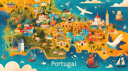 Educational "Portugal" map illustration for kids, colorful scheme