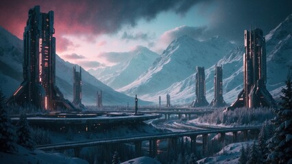 Game style artwork modern scifi architecture in a very distant and frosty land