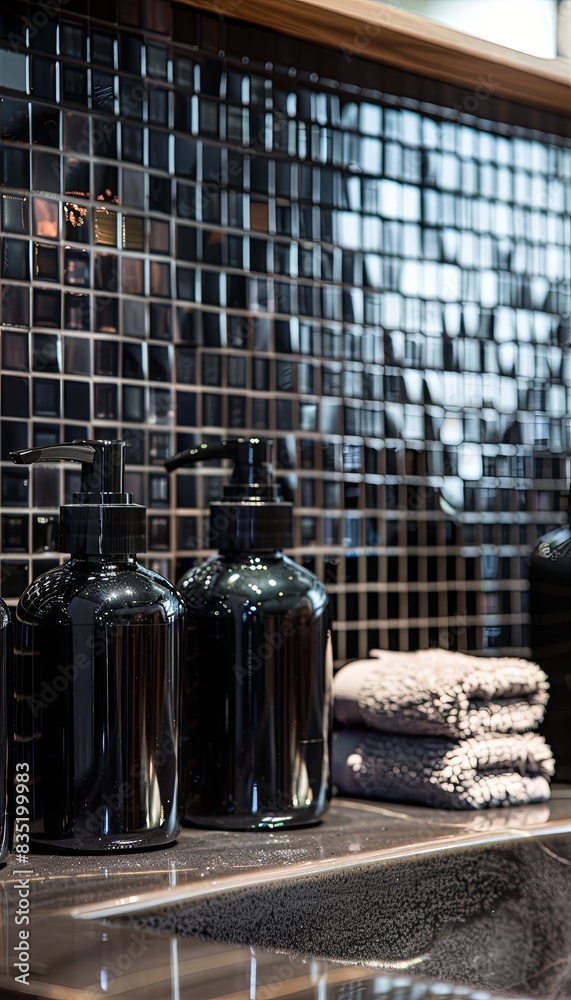 Poster Three black shampoo and conditioner bottles on a marble counter with a grey towel. Generative AI