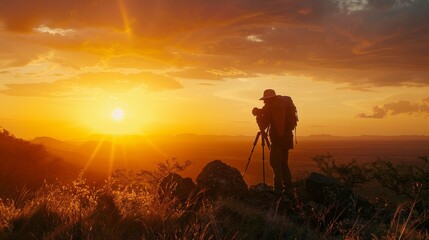 Fototapeta premium man with a camera on a mountain at sunset