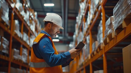 Efficient Warehouse Inventory Management: Worker Using Digital Tablet Next to Shelf