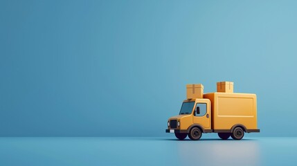 Yellow delivery truck carrying packages against a minimalist blue background. Concept of transportation and logistics in modern design. 3D Illustration.
