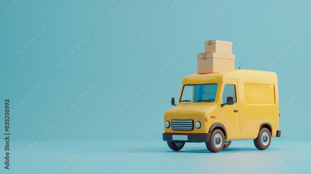 Wall mural yellow delivery van with cardboard boxes on the roof, against a blue background, symbolizing transpo