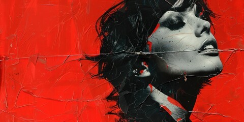 Fototapeta premium Black And White Portrait Of A Woman On A Red Background
