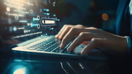 A person typing on a laptop in a dimly lit room with digital holograms surrounding them, symbolizing technology and data processing.