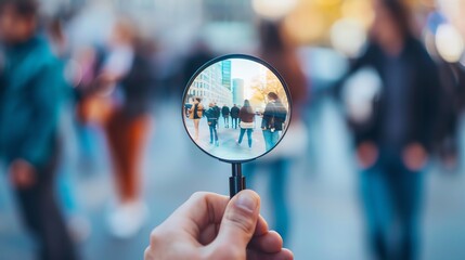 Close-up of a hand holding magnifying glass focusing on people in the city, symbolizing the search for clarity amid urban life and diversity