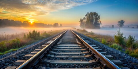 Railroad tracks disappearing into the misty morning horizon, Railway, morning, fog, mist, transport, travel, journey, nature, scenic, tranquil, serene, atmospheric, peaceful, tracks, foggy