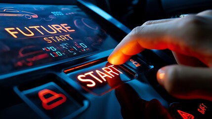 Close-up of a hand pressing a futuristic car start button with digital display showing 'Future Start'. Modern technology concept.