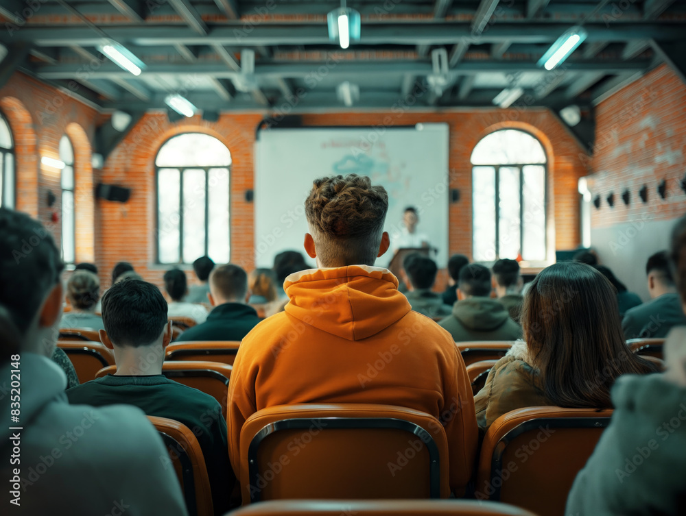 Poster students in a classroom listening to a lecture focused on one person in orange, with a brick backgro