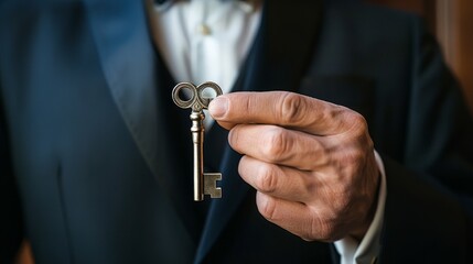 Close-up of a man in a suit holding an elegant antique key, symbolizing success, wealth, and opportunity. Ideal for business or luxury concepts.