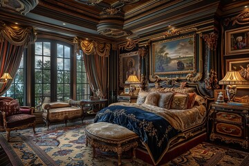 Step into the luxurious world of a classic European bedroom, showcasing ornate antique furniture and decor that exude timeless elegance and sophistication in every intricate detail