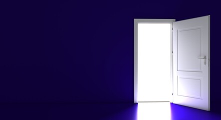 Open the door. Symbol of new career, opportunities, business ventures and initiative. Business concept. 3d render, white light inside open door isolated on blue background. Modern minimal concept.	
