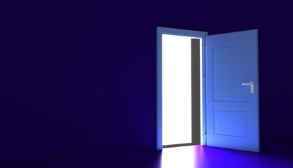 Open the door. Symbol of new career, opportunities, business ventures and initiative. Business concept. 3d render, white light inside open door isolated on blue background. Modern minimal concept.