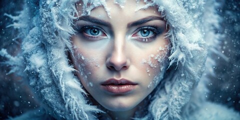 Frozen face of a woman portrait, frozen, face, woman, portrait, icy, cold, emotionless, isolated, white background, stoic expression, frosty, chilling, chill, stone-faced, expressionless