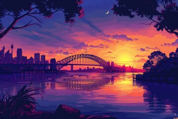 Naklejka premium Postcard with landscape of big town with river and bridge at sunset