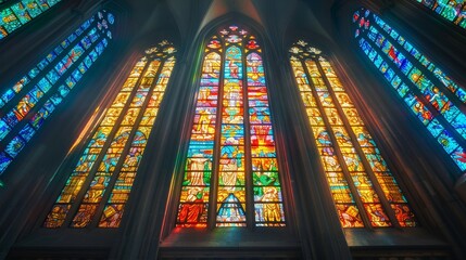 a large stained glass window with a light coming through it