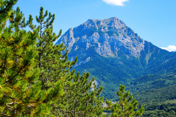 Peak of Morgon on the southern shore of the lake of Serre-Ponçon in the French Alps, a dammed artificial reservoir gathering the water of the Durance river