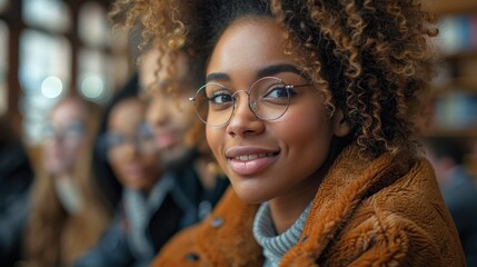 a woman with glasses and a brown jacket smiling