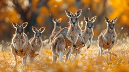 a group of kangaroos in a field with trees in the background