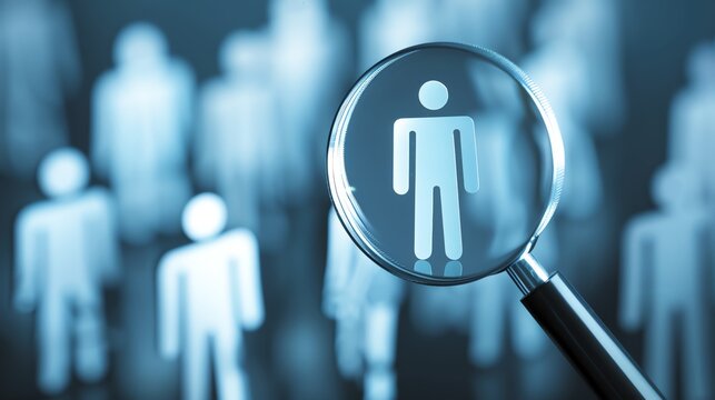 Magnifying glass focusing on a human figure amidst a blurry crowd symbolizing focus, selection, recruitment, and human resource management.