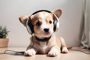 A cute puppy listening to music with earphones on.