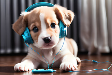 A cute puppy listening to music with earphones on.