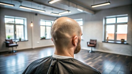 Close up of an empty room with a man with a buzz cut, barbershop, haircut, style, clean, minimalist, male grooming, hair salon, modern, bald, shaved head, fashion, hygiene, trim, simple