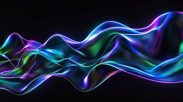 A dynamic 3D wave of holographic fluid, with gradients shifting from blue to purple to green, flowing effortlessly across a pitch-black canvas. The iridescent neon light gives the design