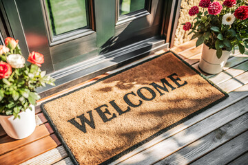 A welcome mat at the entrance of the hotel.