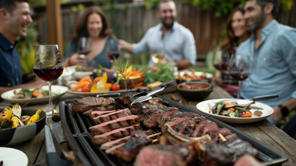 Obraz premium A lively gathering of friends around a backyard table filled with delicious food and wine, enjoying a feast and laughter in an outdoor setting, highlighting the joy of social dining