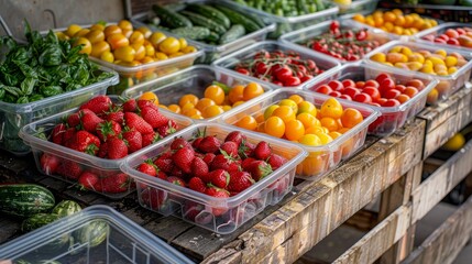 Obraz premium Freshly harvested produce in plastic containers, displayed on a wooden market stall with natural lighting