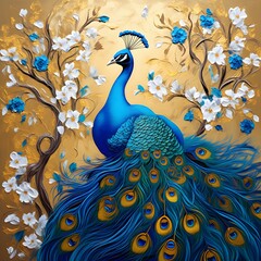 Flowers background, branches, peacocks, gold and blue. Painting. Modern Art. Wall art, mural