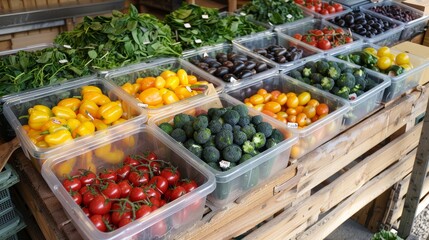 Obraz premium Freshly harvested produce in plastic containers, displayed on a wooden market stall with natural lighting