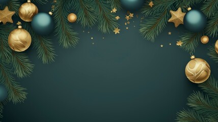 christmas balls and fir branches flat lay top view, generative ai