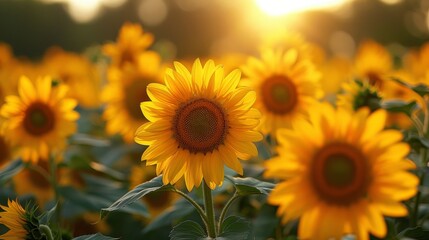 a field of sunflowers with the sun setting in the background