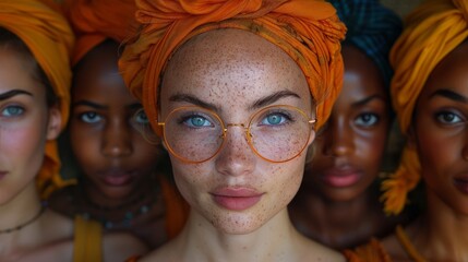 a group of women with glasses and turbans