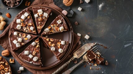 Chocolate cake Rocky road with marshmallow and nuts close-up on a plate on the table. horizontal view from above. copy space