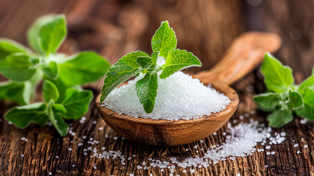 Stevia rebaudiana, sweet leaf sugar substitute isolated in wooden plate, generated AI
