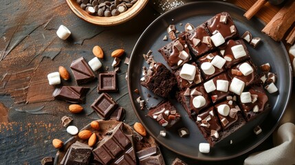 Chocolate cake Rocky road with marshmallow and nuts close-up on a plate on the table. horizontal view from above. copy space