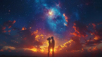 two people standing in front of a colorful sky