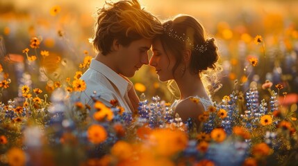 a couple in a field of flowers at sunset
