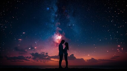 a couple standing on a beach under a starry sky