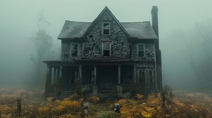 a creepy old house in the foggy field