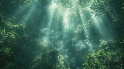 a forest with sun shining through the trees